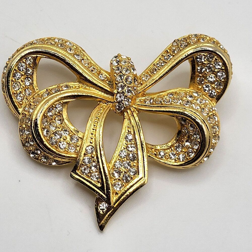 Vintage 80s Pave Set Goldtone Bow Brooch 2in